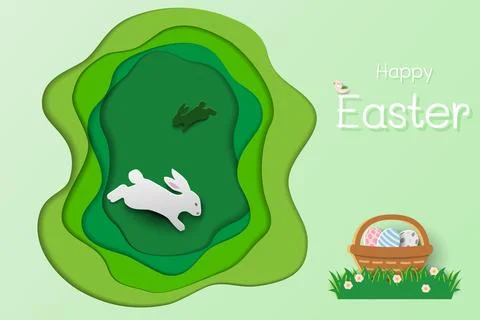Happy Easter concept with cute rabbits and easter eggs on paper cut and cra.. Stock Illustration