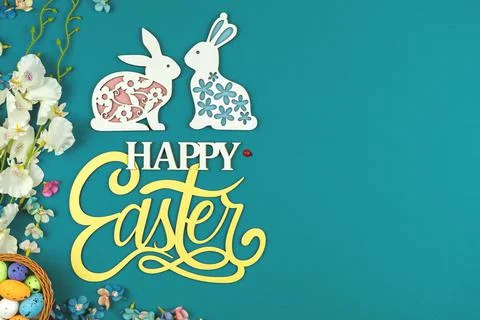Happy Easter concept with easter eggs and beautiful happy easter wooden text, Stock Photos