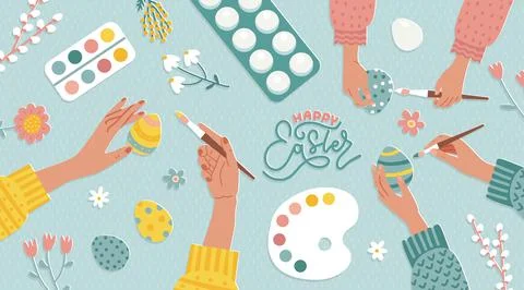 Happy Easter concept with hands holding and painting traditional eggs. Ad for Stock Illustration