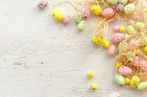 Happy easter concept holiday card with colored eggs. Corner border against a Stock Photos