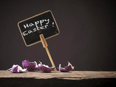 Happy Easter concept image with colorful egg shells on a rustic wooden table 写真素材