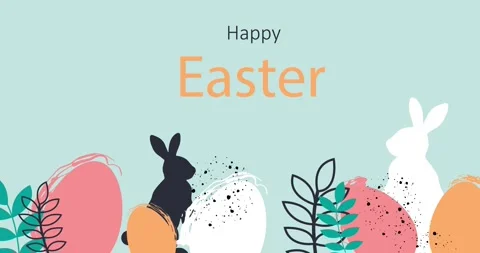 Happy Easter concept. Moving banner with eggs and rabbits. Spring religious Stock Footage 277552638