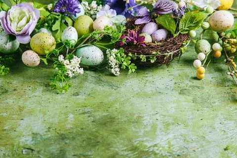 Happy easter concept. Multicolored easter painted eggs in the nest, flowers a Stock Photos