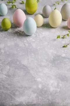 Happy easter concept. Multicolored easter painted eggs and branches with buds Stock Photos