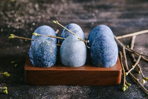 Happy easter concept. Multicolored easter painted eggs in blue tones in an eg Stock Photos