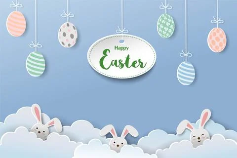 Happy Easter concept with paper art easter eggs and rabbits on blue sky Stock Illustration