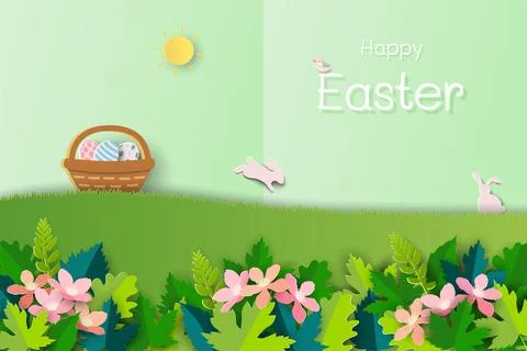 Happy Easter concept ,paper art style with easter eggs on beautiful garden Stock Illustration
