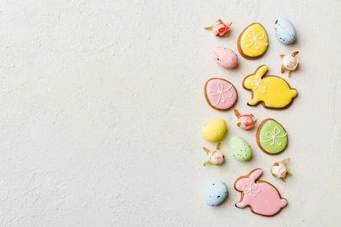 Happy Easter concept. Preparation for holiday. Easter eggs on colored backg.. Stock Photos