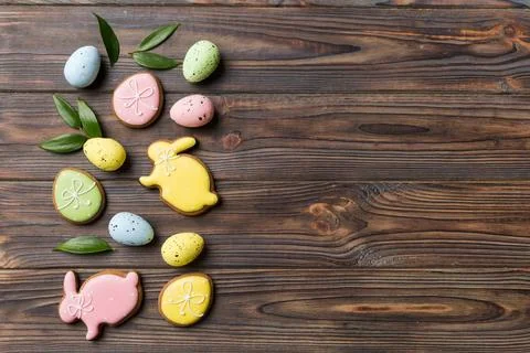 Happy Easter concept. Preparation for holiday. Easter eggs on colored backgro Stock Photos