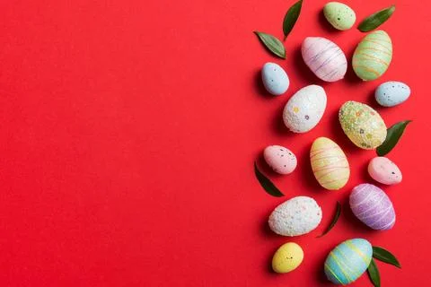 Happy Easter concept. Preparation for holiday. Easter eggs on colored backg.. Stock Photos