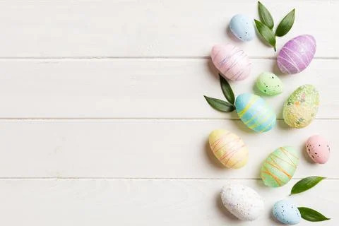 Happy Easter concept. Preparation for holiday. Easter eggs on colored backg.. Stock Photos