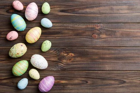 Happy Easter concept. Preparation for holiday. Easter eggs on colored backg.. Stock Photos