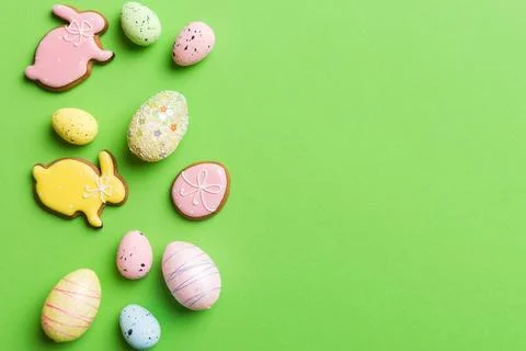 Happy Easter concept. Preparation for holiday. Easter eggs on colored backg.. Stock Photos