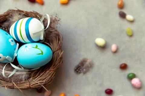 Happy Easter concept. Preparation for holiday. Colorful decorated blue east.. Stock Photos