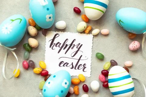 Happy Easter concept. Preparation for holiday. Easter eggs Inscription HAPP.. Stock Photos