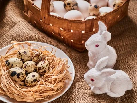Happy Easter Concept. Quail eggs. Congratulations Easter background. Easter eggs Stock Photos