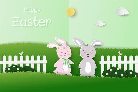 Happy Easter concept,Paper cut and craft style with cute rabbits happy in t.. Stock Illustration