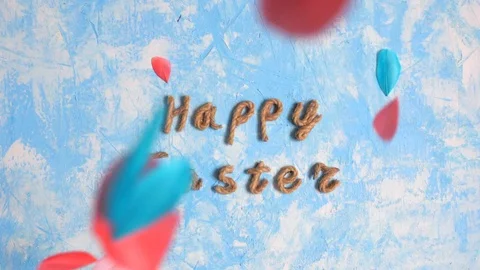 Happy Easter congratulation and colorful feathers on the sky blue background. Video stock 123903620