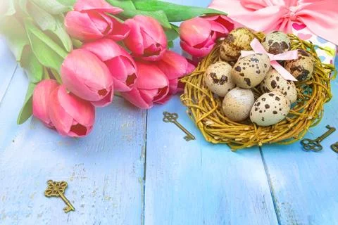 Happy Easter. Congratulatory easter background. Easter eggs and flowers. Stock Photos