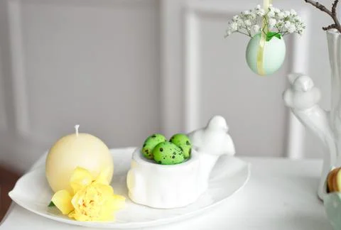 Happy Easter. Congratulatory easter background. Easter eggs and flowers Stock Photos