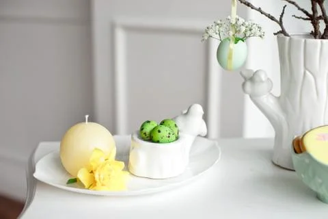 Happy Easter. Congratulatory easter background. Easter eggs and flowers Stock Photos