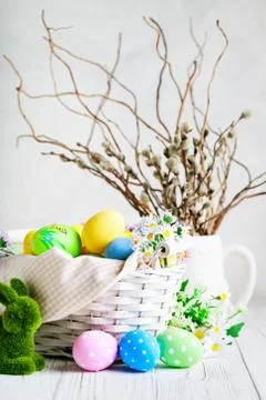Happy Easter. Congratulatory easter background. Easter eggs and flowers. Back Stock Photos