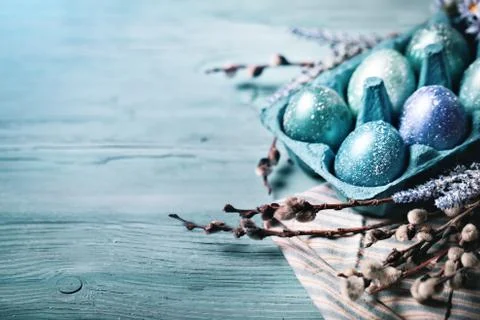 Happy Easter. Congratulatory easter background. Easter eggs and flowers. Back Stock Photos