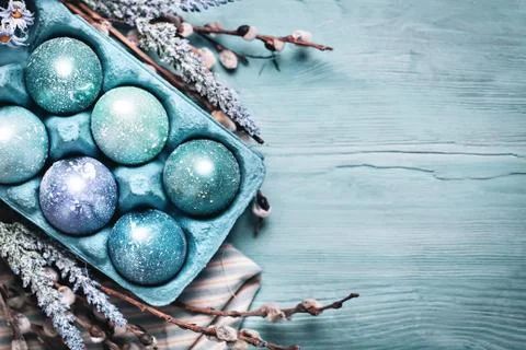 Happy Easter. Congratulatory easter background. Easter eggs and flowers. Back Stock Photos