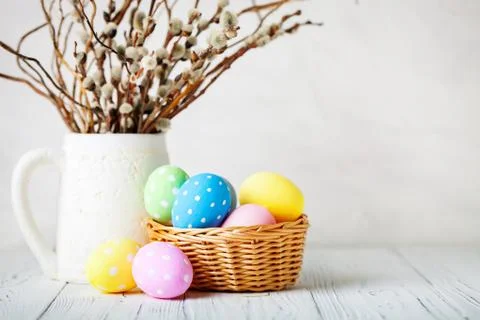 Happy Easter. Congratulatory easter background. Easter eggs and flowers. Back Stock Photos
