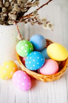 Happy Easter. Congratulatory easter background. Easter eggs and flowers. Back Stock Photos