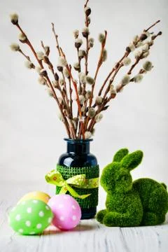 Happy Easter. Congratulatory easter background. Easter eggs and flowers. Back Stock Photos