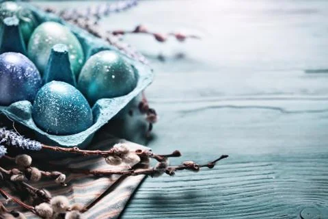 Happy Easter. Congratulatory easter background. Easter eggs and flowers. Back Stock Photos