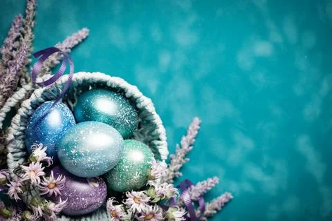 Happy Easter. Congratulatory easter background. Easter eggs and flowers. Back Stock Photos