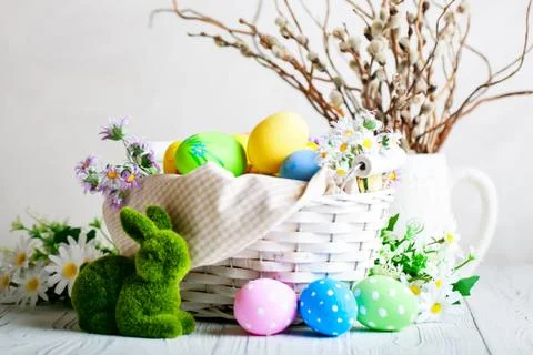 Happy Easter. Congratulatory easter background. Easter eggs and flowers. Back Stock Photos