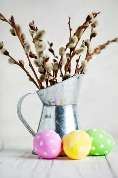 Happy Easter. Congratulatory easter background. Easter eggs and flowers. Back Stock Photos