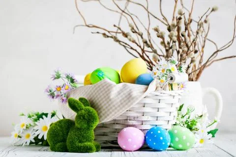 Happy Easter. Congratulatory easter background. Easter eggs and flowers. Back Stock Photos