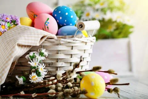Happy Easter. Congratulatory easter background. Easter eggs and flowers. Back Stock Photos