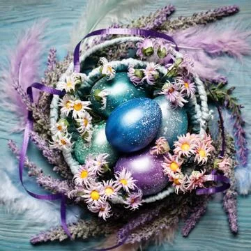 Happy Easter. Congratulatory easter background. Easter eggs and flowers. Back Stock Photos