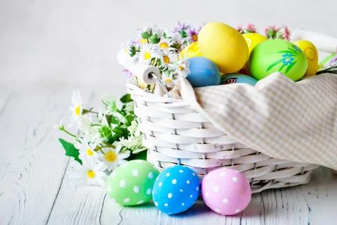 Happy Easter. Congratulatory easter background. Easter eggs and flowers. Back Stock Photos