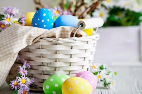 Happy Easter. Congratulatory easter background. Easter eggs and flowers. Back Stock Photos