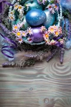 Happy Easter. Congratulatory easter background. Easter eggs and flowers. Back Stock Photos