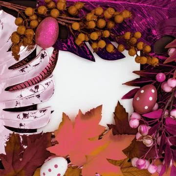 Happy Easter. Congratulatory easter background. Easter eggs and flowers. Flat Stock Photos