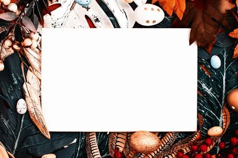 Happy Easter. Congratulatory easter background. Easter eggs and flowers. Flat Foto stock