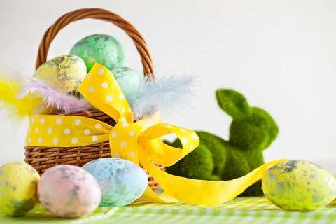Happy Easter. Congratulatory easter background. Easter eggs and flowers Stock Photos