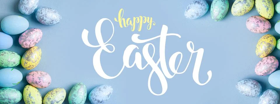 Happy Easter. Congratulatory easter background. Selective focus. Banner. Flat Foto stock