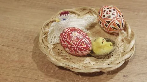 Happy Easter. Congratulatory easter background. Easter eggs and chicken Stock Photos