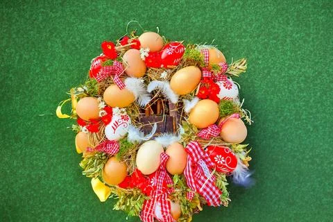 Happy Easter. Congratulatory easter background. Easter eggs and flowers. Stock Photos