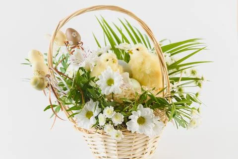 Happy Easter. Congratulatory easter background. Easter eggs and flowers Stock Photos