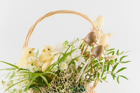 Happy Easter. Congratulatory easter background. Easter eggs and flowers Stock Photos