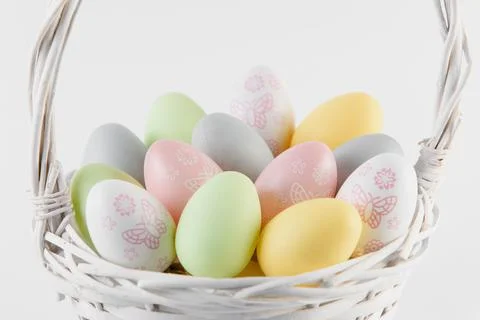 Happy Easter. Congratulatory easter background. Easter eggs and flowers Stock Photos